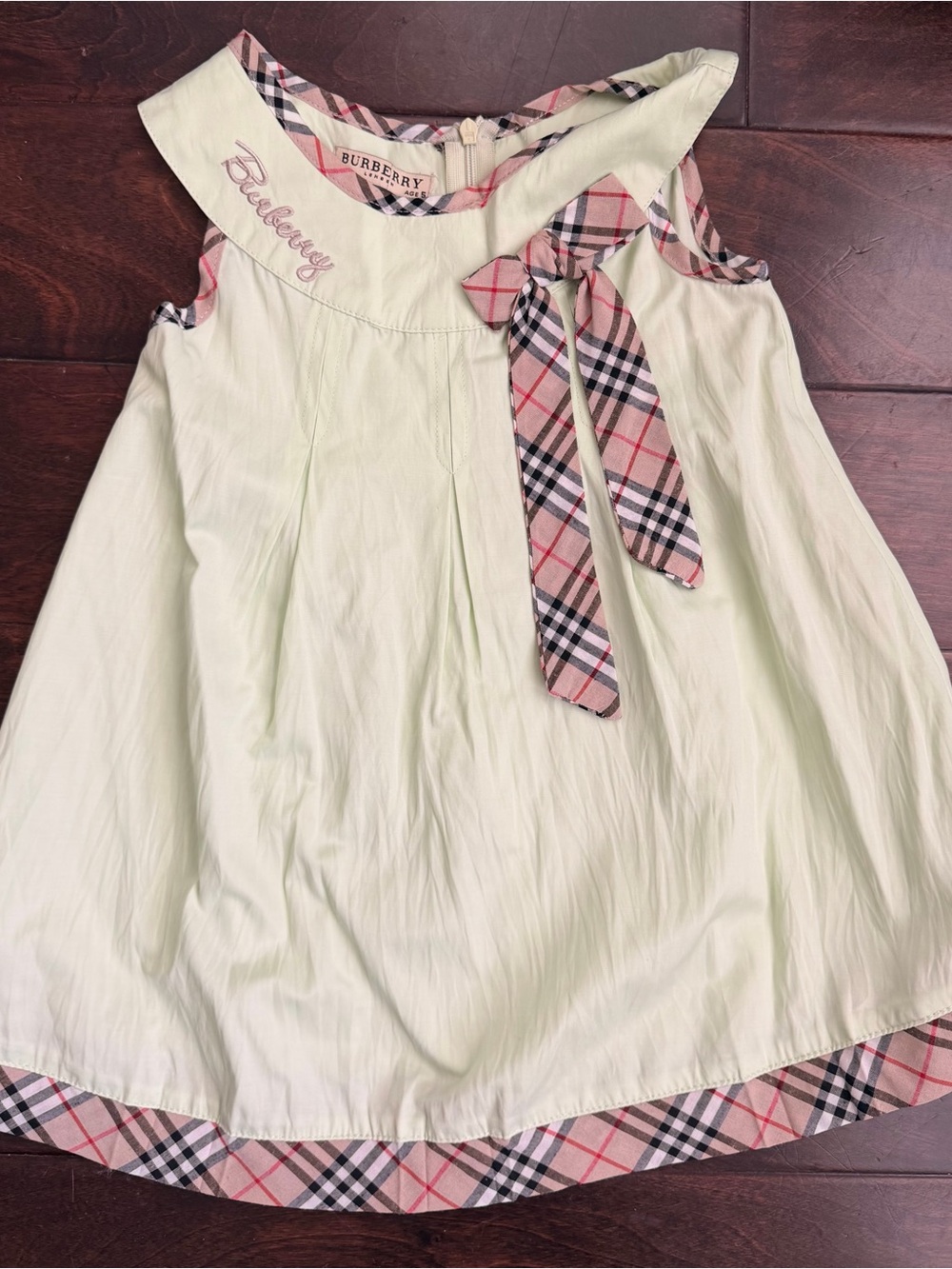 Burberry Light Green Dress Top with Pink Check Bow Trim